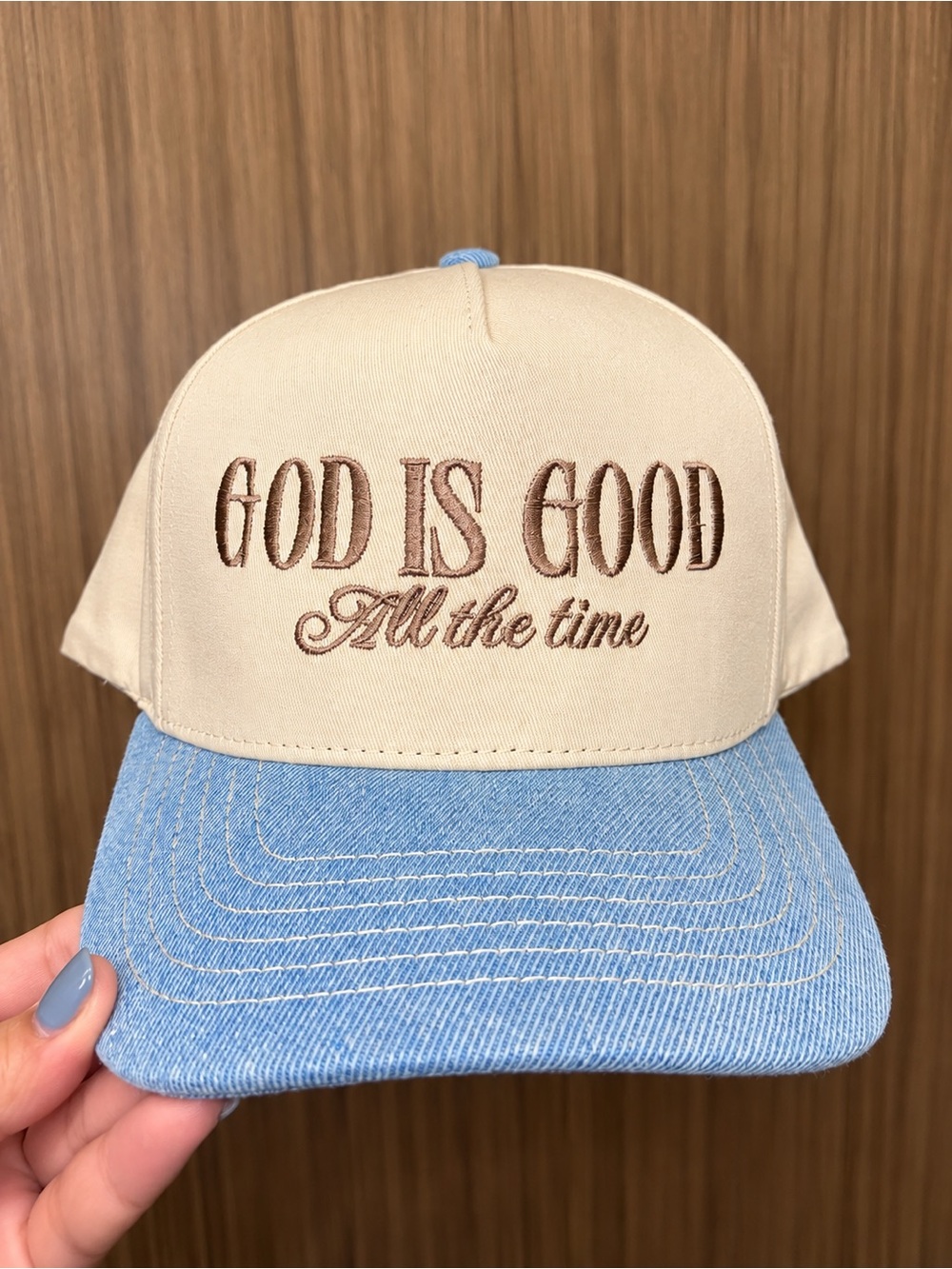 C.C Beige Crown Light Blue Brim 'God Is Good' Trucker Cap